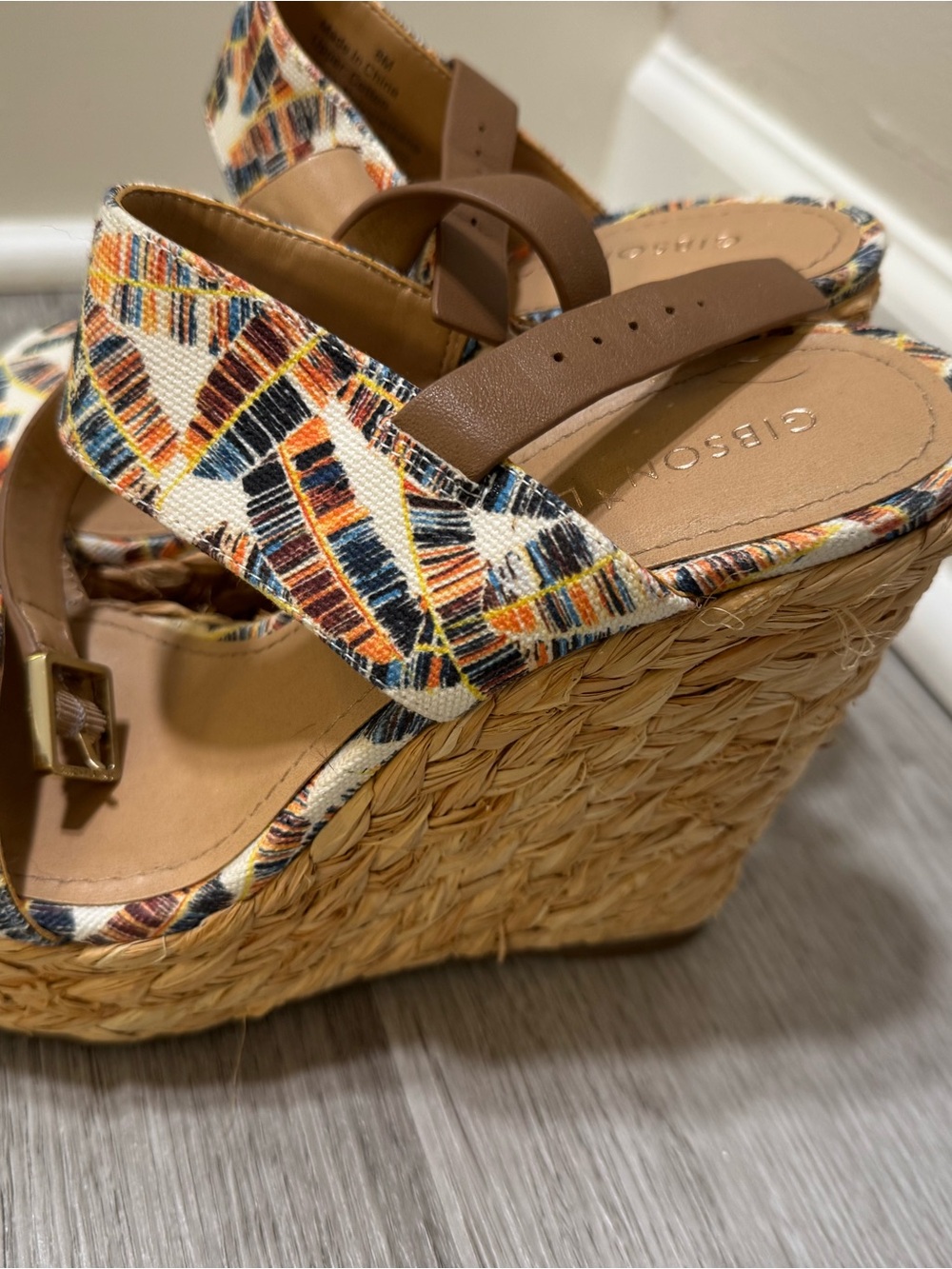 Gibson Latimer Multicolor Patterned Espadrille Wedge Sandals with Brown Straps